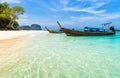 Amazing view of beautiful beach with traditional thailand longtale boat. Location: Bamboo