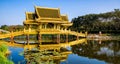 Amazing view of beautiful Golden Bridge and Pavilion of the Enlightened with reflection in the water. Location: Ancient City Park Royalty Free Stock Photo