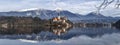 Amazing View On Bled Lake, Island,Church And Castle With Mountain Range Stol, Vrtaca, Begunjscica In The Background-Bled, Royalty Free Stock Photo