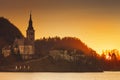 Amazing view on Bled Lake on sunrise, Slovenia. Royalty Free Stock Photo