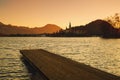 Amazing view on Bled Lake on sunrise, Slovenia. Royalty Free Stock Photo