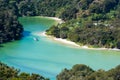 Amazing view of boat in a turquoise lagoon in Abel Tasman National Park, New Zealand Royalty Free Stock Photo