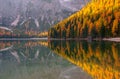 Amazing view of Braies Lake at autumn day
