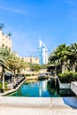 Dubai, United Arab Emirates - 01/15/2019 - Amazing view of Burj Al Arab, Seven Star Hotel, A view from Souk Madinat Jumeirah, Resi Royalty Free Stock Photo