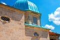 Amazing view of the church with a blue bath on the island of the Virgin on a reef in the Bay of Kotor Royalty Free Stock Photo