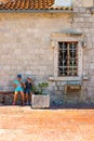 Amazing view of the church with a blue bath on the island of the Virgin on a reef in the Bay of Kotor Royalty Free Stock Photo