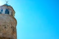 Amazing view of the church with a blue bath on the island of the Virgin on a reef in the Bay of Kotor, Montenegro Royalty Free Stock Photo