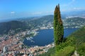 Amazing view of Como Lake from Brunate, with tree in the middle, Como lake and the city Royalty Free Stock Photo