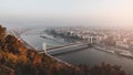 Amazing view of Danube river with famous bridges in autumn morning in Budapest