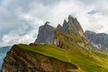 Amazing view Dolomites mountains from Seceda over Odle Puez