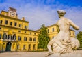 Ducal garden`s palace with marble statue in foreground, Parma, Italy Royalty Free Stock Photo