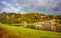 Amazing view of Elbe riversides in Elbe Sandstone mountains, resort Rathen, Saxon Switzerland, Germany at autumn day Royalty Free Stock Photo