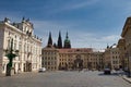 Amazing view on almost empty Hradcany square in Prague, famous Prague Castle in background.