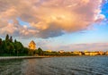 Amazing view of Exaltation of Cross Church over the Ternopil pond, Ternopil, Ukraine