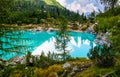 Amazing view of famous lake Sorapis with turquoise water. Best popular location for photography and hiking in Dolomites Alps.