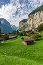 Amazing view of famous Lauterbrunnen town with beautiful Staubbach waterfalls, Switzerland