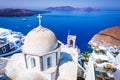 Santorini, Greece. Firostefani church and volcano caldera, Greek Islands