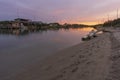 Amazing view of fishing huts at sunset near Comacchio Royalty Free Stock Photo