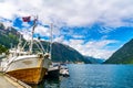 Amazing view on fjord Sorfjorden, harbor port marina with a ship. Odda, Norway. Artistic picture. Beauty world