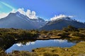 Mountain view with clouds, lakes, New Zealand Fjordland