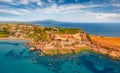 Amazing view from flying drone of Koroni town, Messenia, Peloponnese, Greece, Europe.