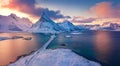 Amazing view from flying drone of Lofoten Islands. Colorful winter sunrise on Norway