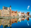 Amazing view of Gdansk old town over Motlawa river with beautiful reflection in the water. Gdansk, Poland, Europe. Artistic Royalty Free Stock Photo