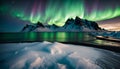 Amazing view of green aurora borealis shining in night sky over snowy mountain ridge