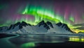 Amazing view of green aurora borealis shining in night sky over snowy mountain ridge