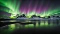 Amazing view of green aurora borealis shining in night sky over snowy mountain ridge