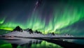 Amazing view of green aurora borealis shining in night sky over snowy mountain ridge