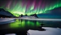 Amazing view of green aurora borealis shining in night sky over snowy mountain ridge