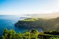 Amazing view of a green cliff near the sea in the Azores archipelago, Portugal