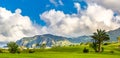 Amazing view of green lawn of a golf course with palm trees, mountains on the background. Location: Buenavista del Norte, Tenerife Royalty Free Stock Photo