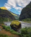 Amazing view with high Himalayan mountains, beautiful river, sto