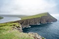 Amazing view of illusion lake on slave mountains of Tralanipan steep cliff in Vagar island, Faroe Islands, north Atlantic ocean,