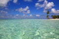 Amazing view of Indian Ocean, Maldives. Blue turquoise water , white sand beach and gorgeous blue sky with white clouds. Royalty Free Stock Photo