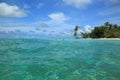 Amazing view of Indian Ocean, Maldives. Blue turquoise water , white sand beach and gorgeous blue sky with white clouds. Royalty Free Stock Photo