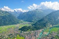 Amazing view of Interlaken and adjacent mountains photographed from the top of Harder Kulm, Switzerland. Swiss Alps. Beautiful Royalty Free Stock Photo