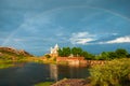 Amazing view on Jaswanth Thada mausoleum after the rain with a rainbow in the sky. Location: Jodhpur, Rajasthan, India. Artistic Royalty Free Stock Photo