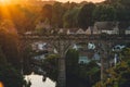 Amazing view of Knaresborough Viaduct with the reflection of the bridge in the lake in the UK