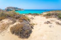 Amazing view of Koufonisi island with magical turquoise waters, lagoons, tropical beaches of pure white sand. Royalty Free Stock Photo