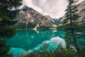 Amazing view of Lago di Braies Braies lake, Pragser wildsee . Trentino Alto Adidge, Dolomites mountains, Italy. Royalty Free Stock Photo