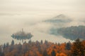 Amazing view of Lake Bled at foggy autumn morning Royalty Free Stock Photo