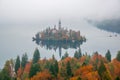 Amazing view of Lake Bled at foggy autumn morning Royalty Free Stock Photo