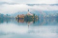 Amazing view of Lake Bled at foggy autumn morning Royalty Free Stock Photo