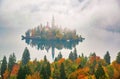 Amazing view of Lake Bled at foggy autumn morning