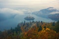 Amazing view of Lake Bled at foggy autumn morning Royalty Free Stock Photo