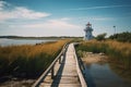 Amazing view of the lighthouse on blue sky background. Generative AI