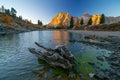 Amazing view of Limides Lake and Lagazuoi mountain in sunlit Royalty Free Stock Photo